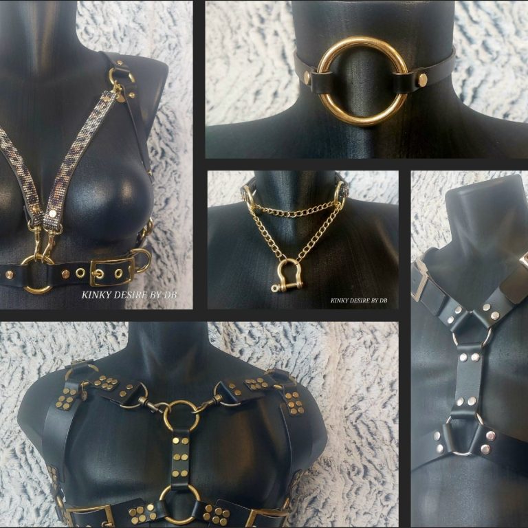 Bild von Lederharness mit Messing, Strassbesatz in Leo Optik, Choker mit O-Ring